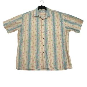 Moda Campia Moda Mens XL Cotton Button Down Shirt Geometric Spiral Ikat Teal Tan